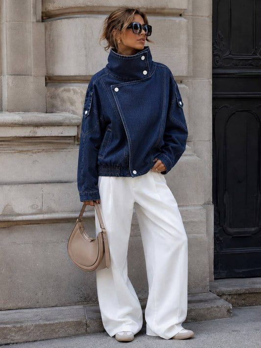Oversized Short Denim Jacket with Stand Collar