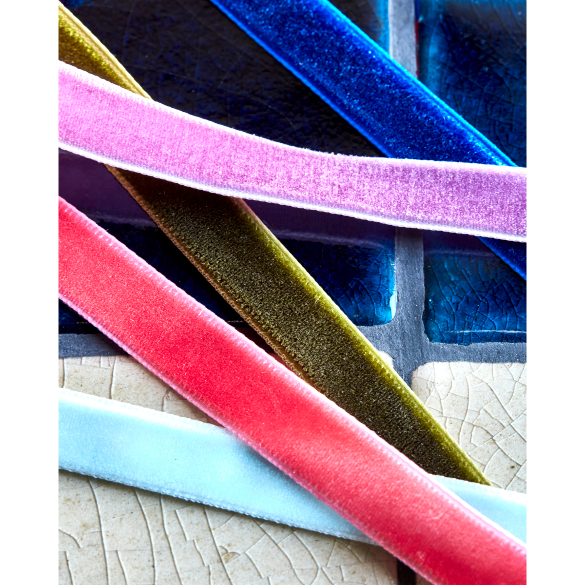 Velvet Ribbon: Blue, Coral, Dark green, Purple, Light blue