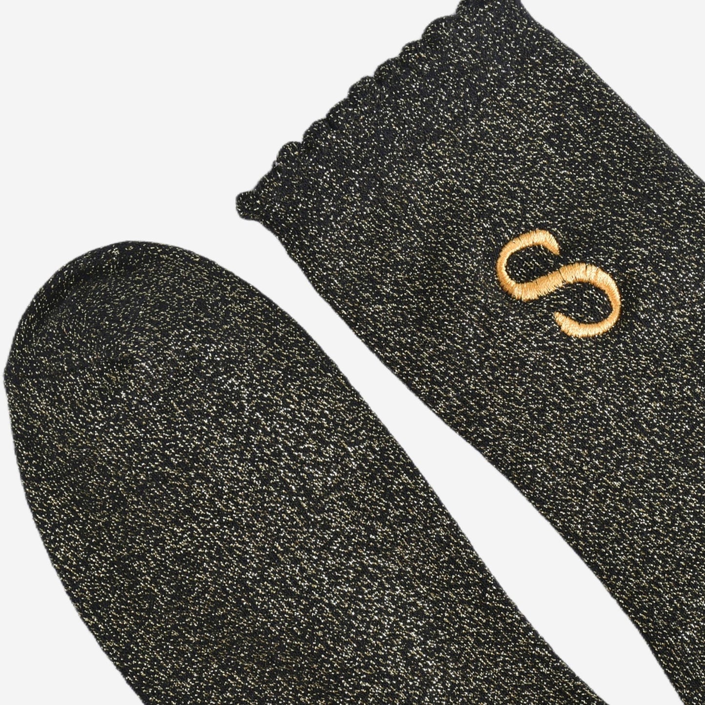 Women's Glitter Socks - Black/Gold, Initial "S"