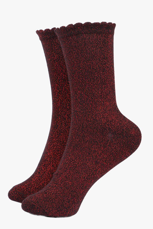 Red All Over Glitter Socks with Scalloped Cuff