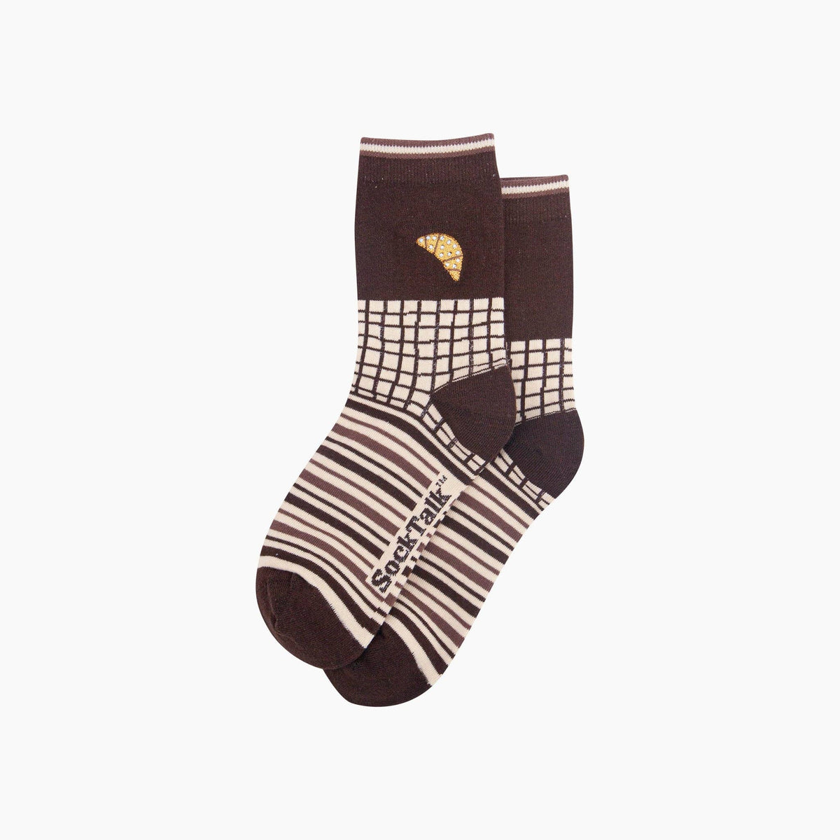 Croissant Combed Cotton Pattern Embroidered Socks in Brown/Cream