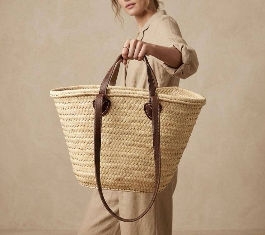 Moroccan Straw Tote with Long Leather Straps