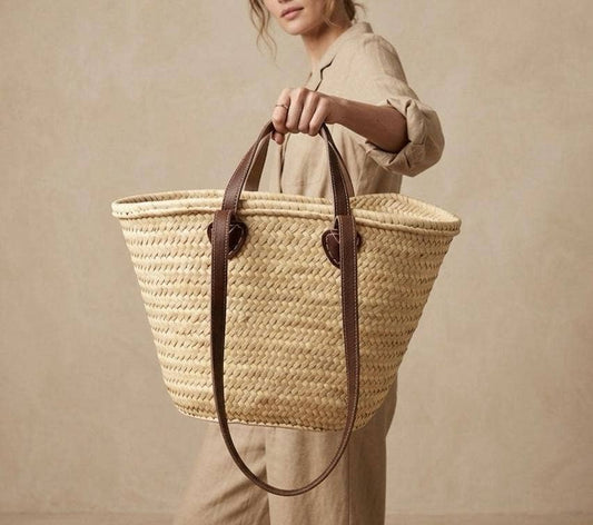 Moroccan Straw Tote with Long Leather Straps