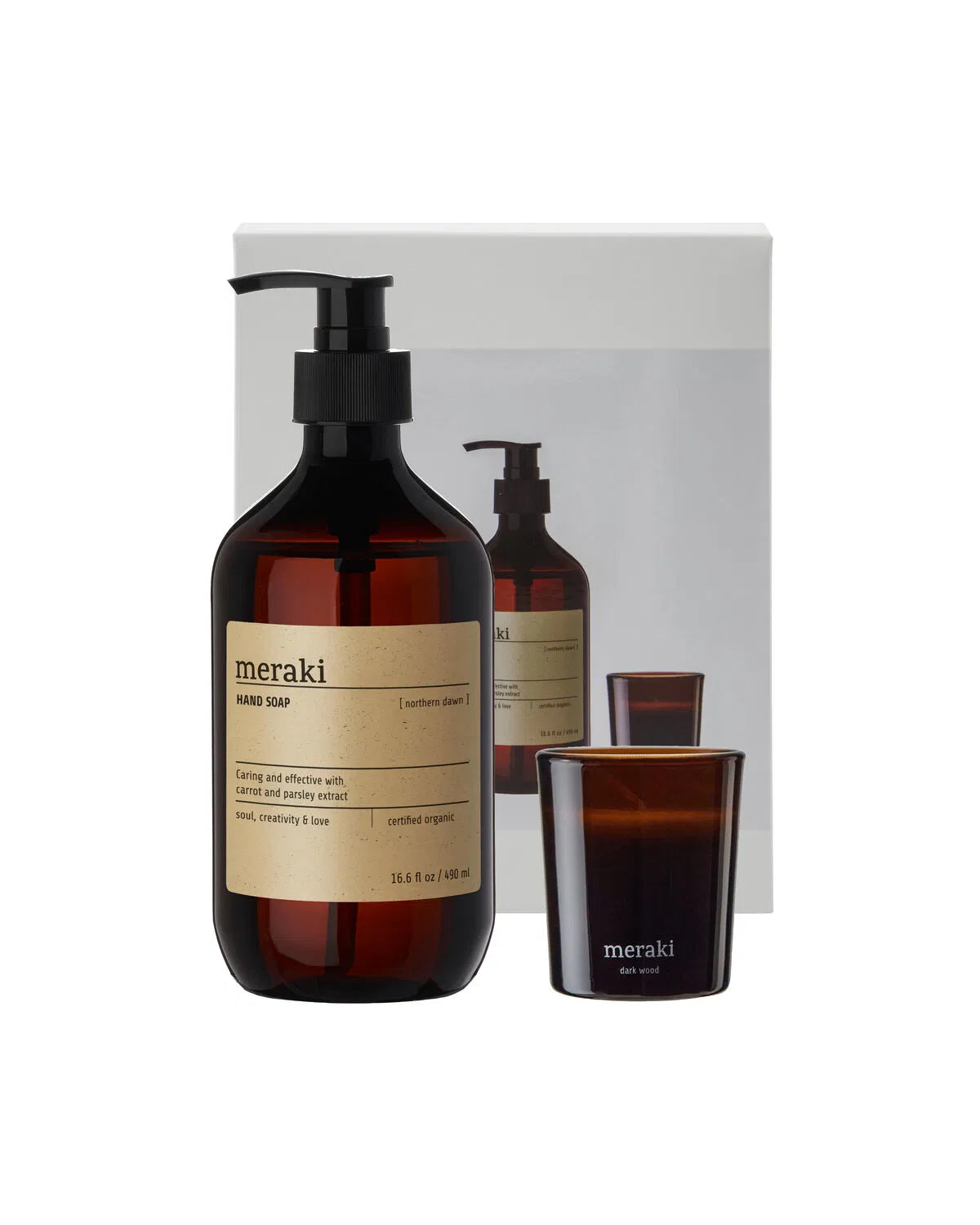 Gift box, northern dawn hand soap + dark wood candle