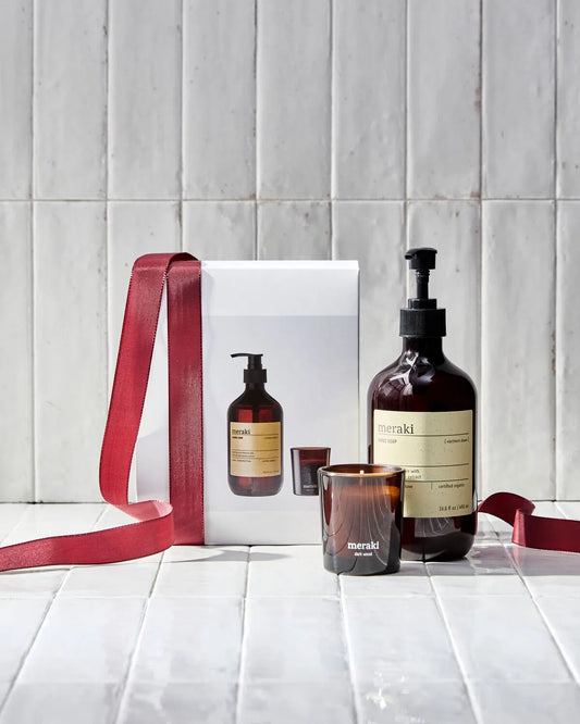 Gift box, northern dawn hand soap + dark wood candle