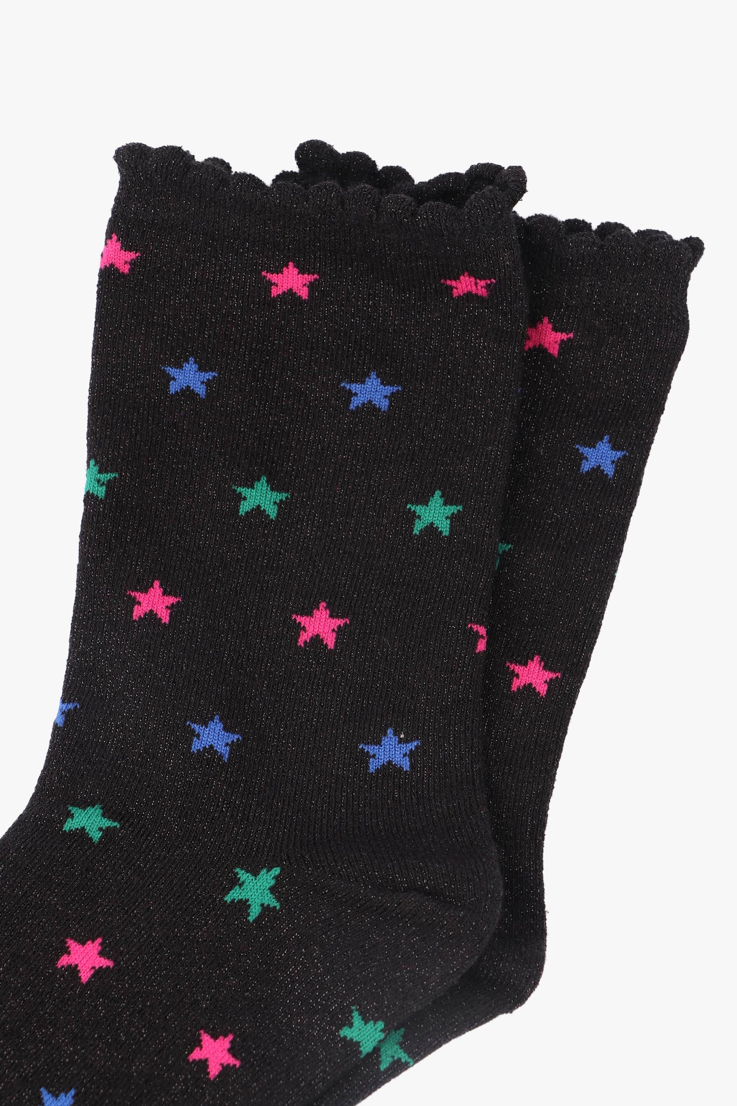 Black Multi Star Print Glitter Socks with Scalloped Cuffs
