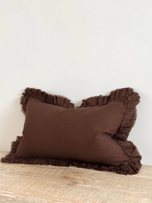 Hallie Ruffled Linen Cushion Cover 50x30 – Dark brown