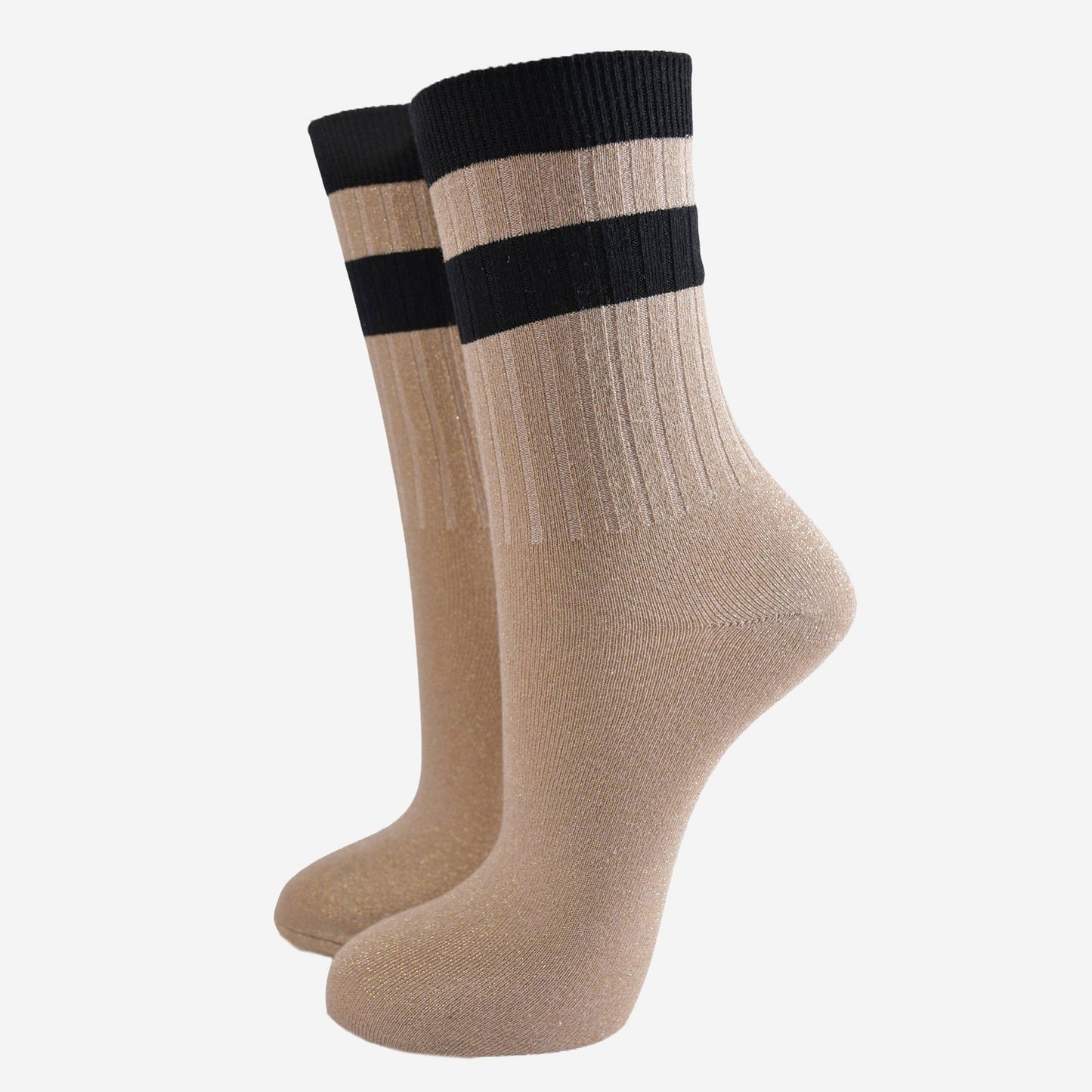 Women's Glitter Socks - Gold/Black, Stripe Cuff