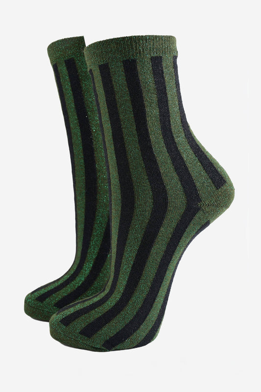 Women's Glitter Socks - Khaki/Black, Vertical Stripe