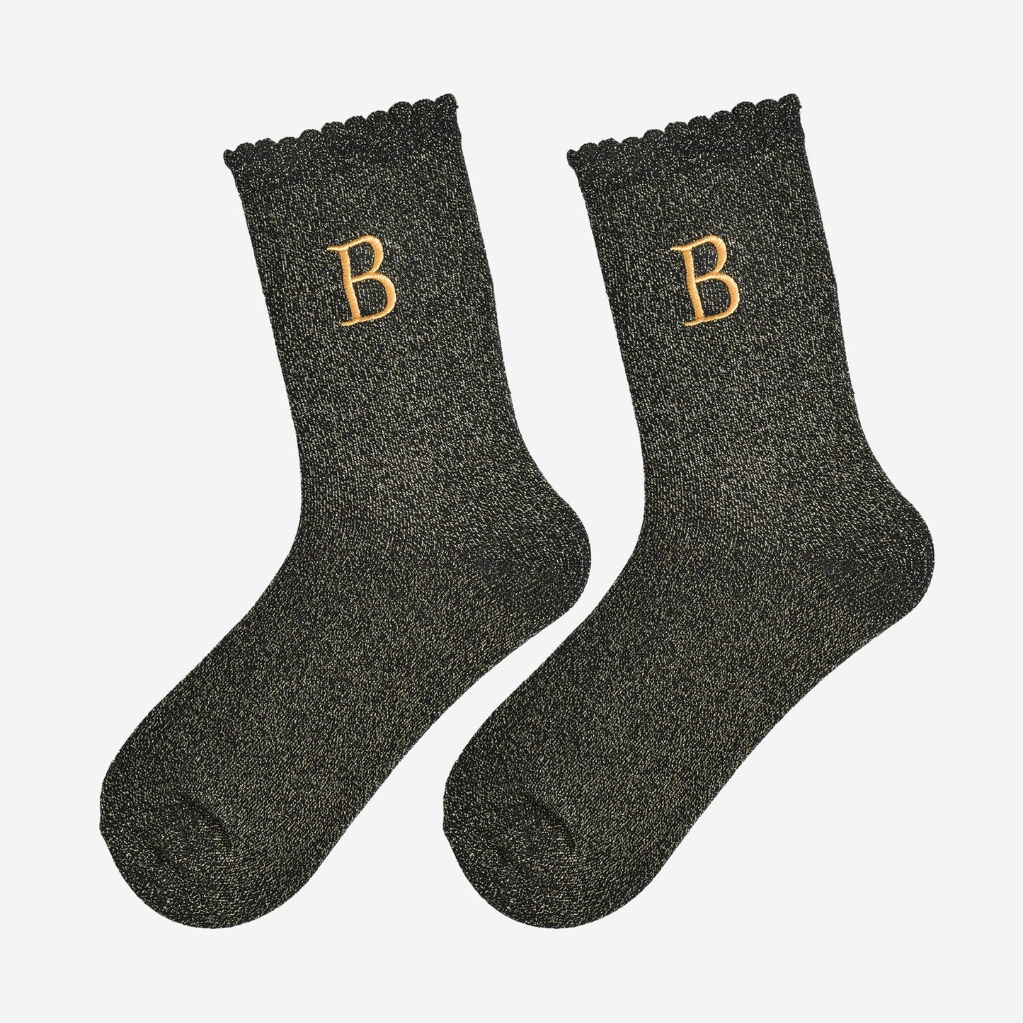 Women's Glitter Socks - Black/Gold, Initial "B"