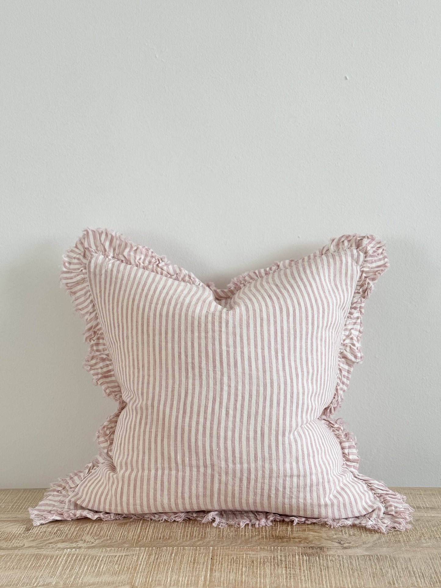 Ruffled Linen Cushion – Pink Stripe