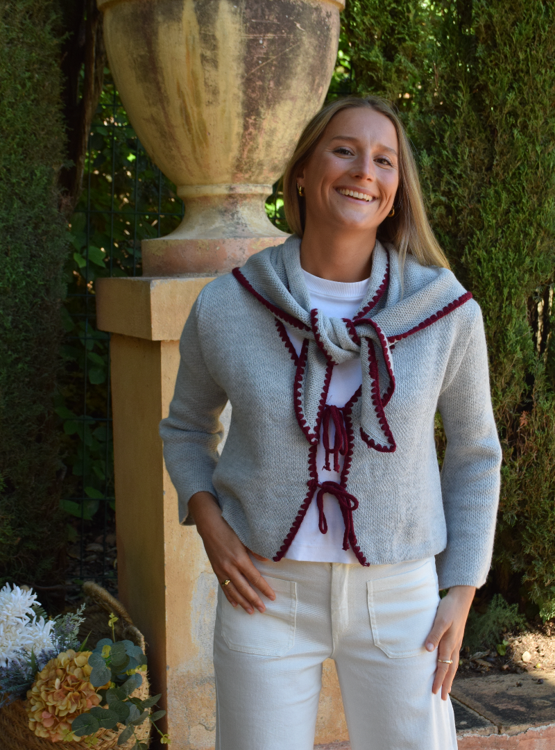 Grey and Burgundy Knit Cardigan: S