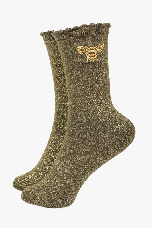 Khaki Bee Glitter Socks with a Scalloped Cuff