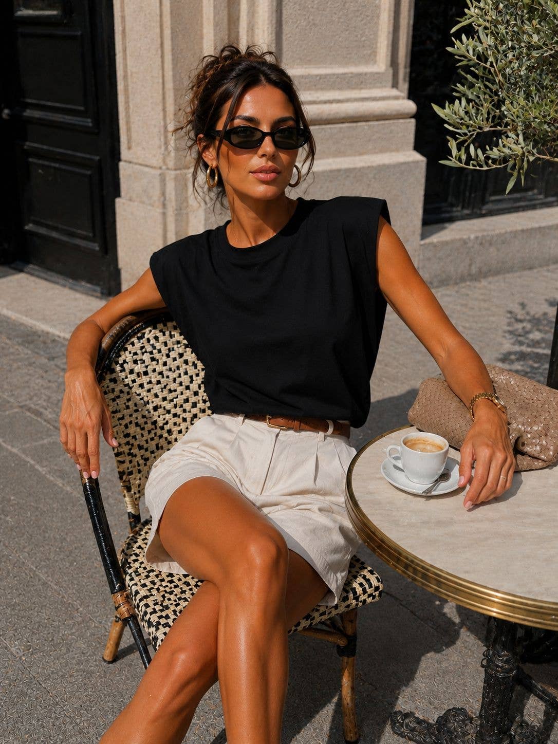 Sleeveless Round-Neck Top with Structured Shoulder Pads