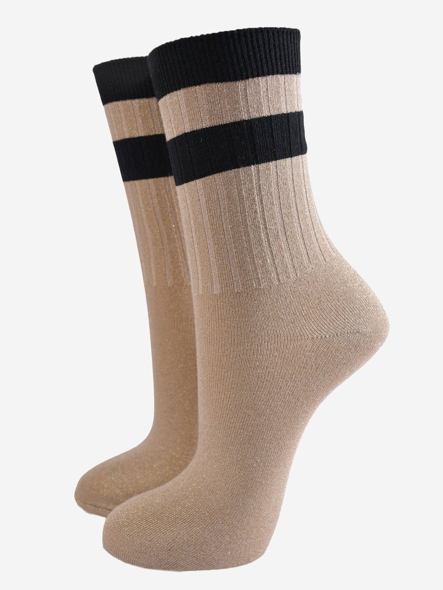 Women's Glitter Socks - Gold/Black, Stripe Cuff