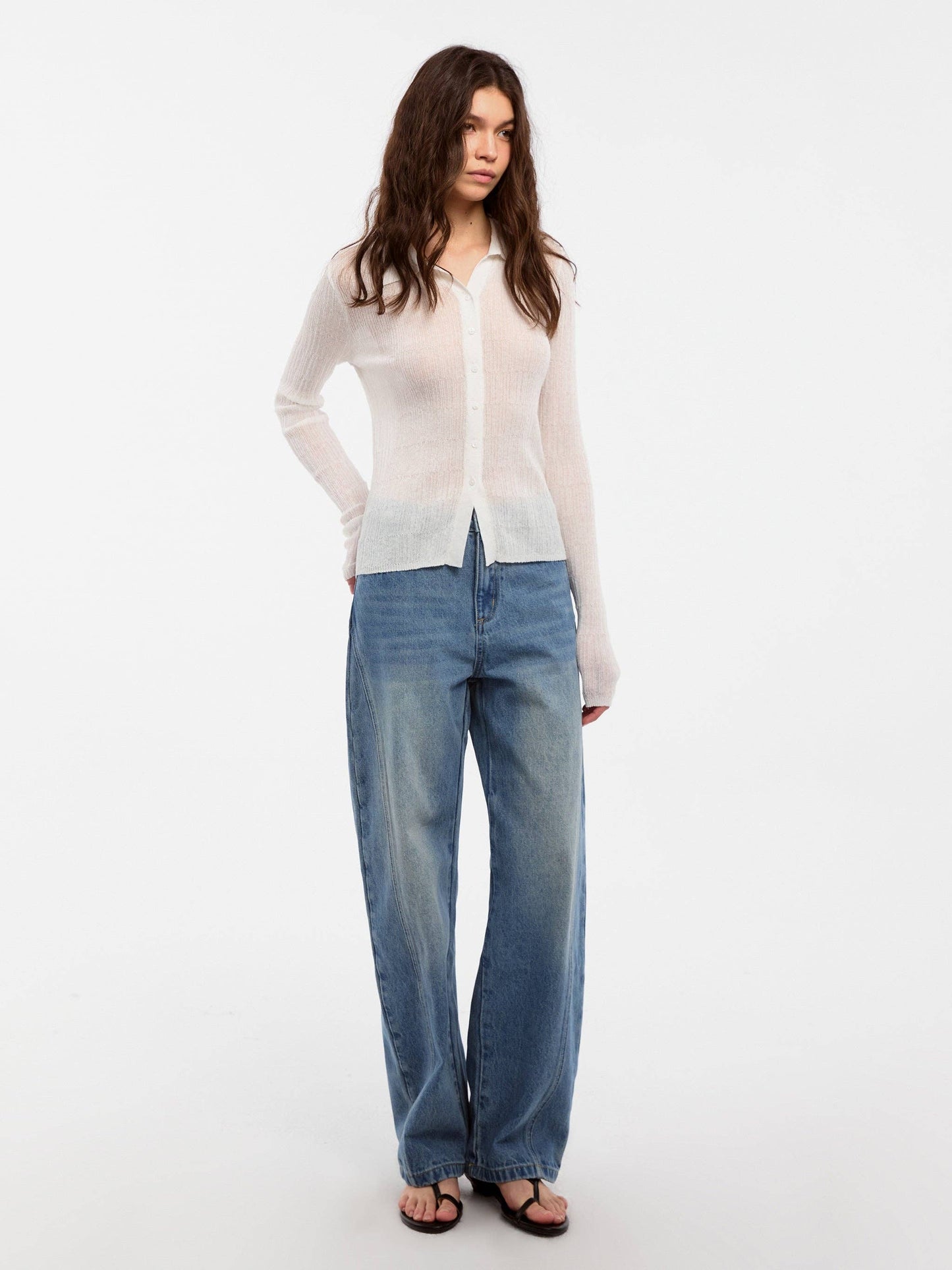 Linen Collared Long-Sleeved Knit Sweater