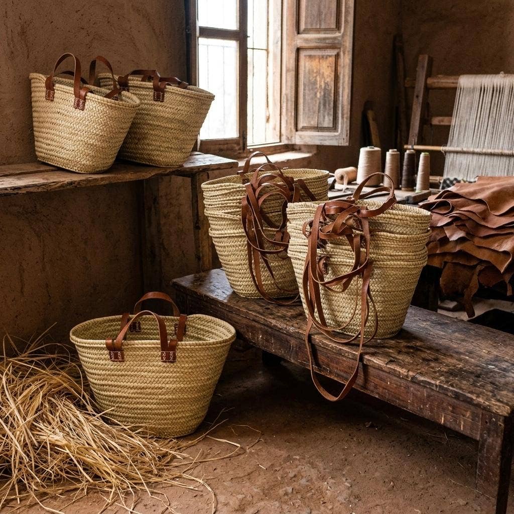Large Woven Straw Tote Bag with Leather Handles
