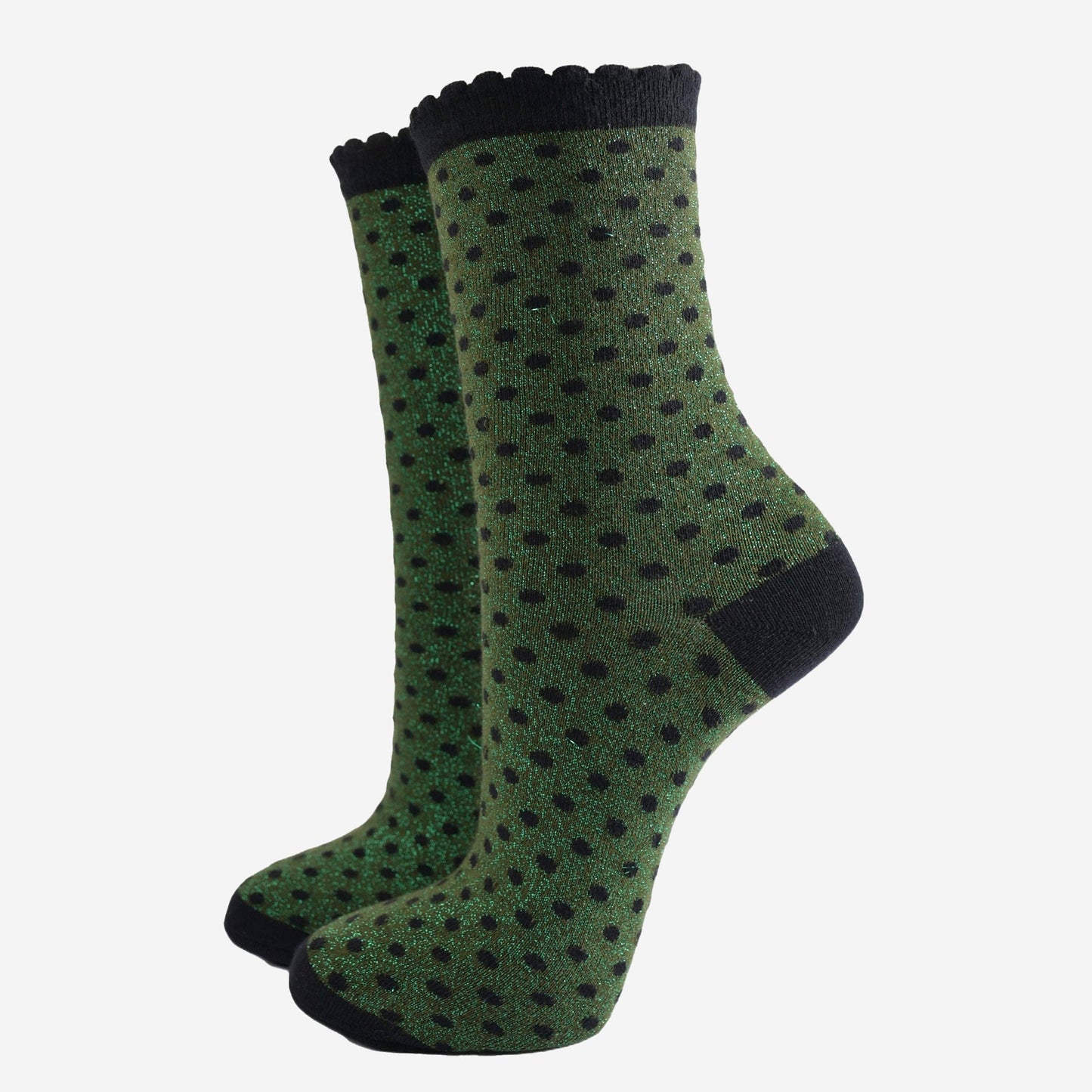 Women's Glitter Socks - Khaki/Black, Small Polka Dot