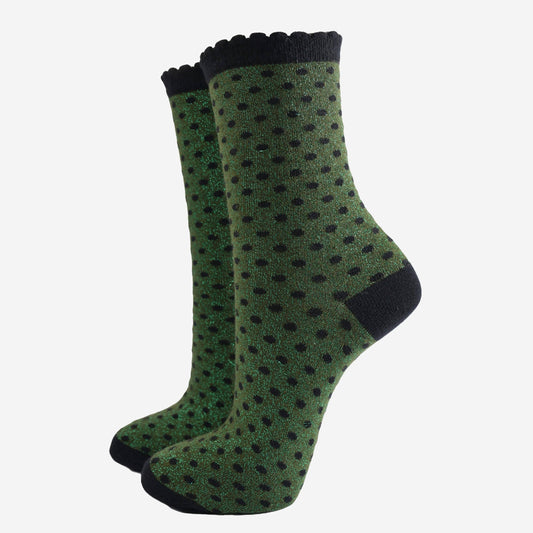 Women's Glitter Socks - Khaki/Black, Small Polka Dot