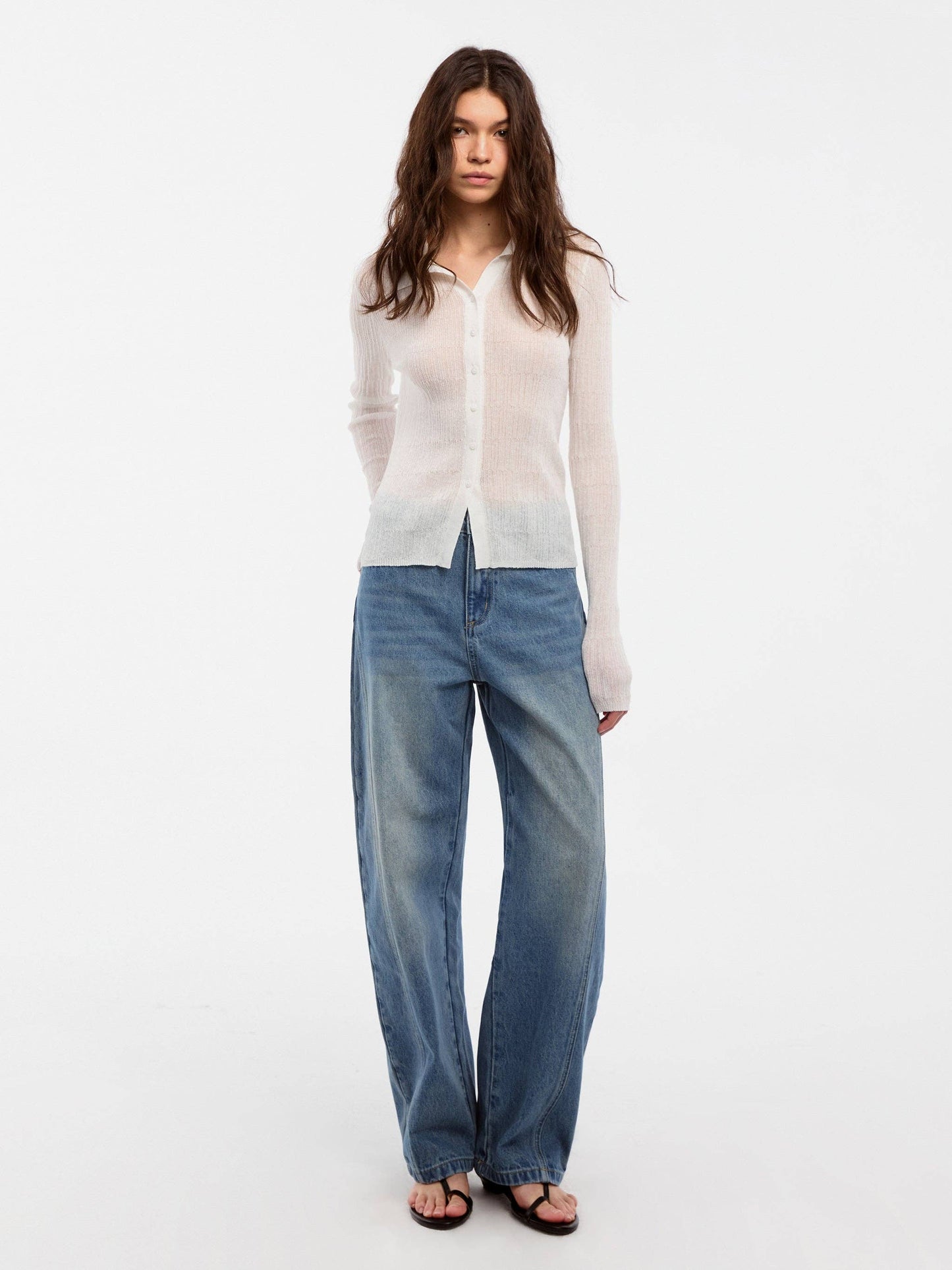 Linen Collared Long-Sleeved Knit Sweater