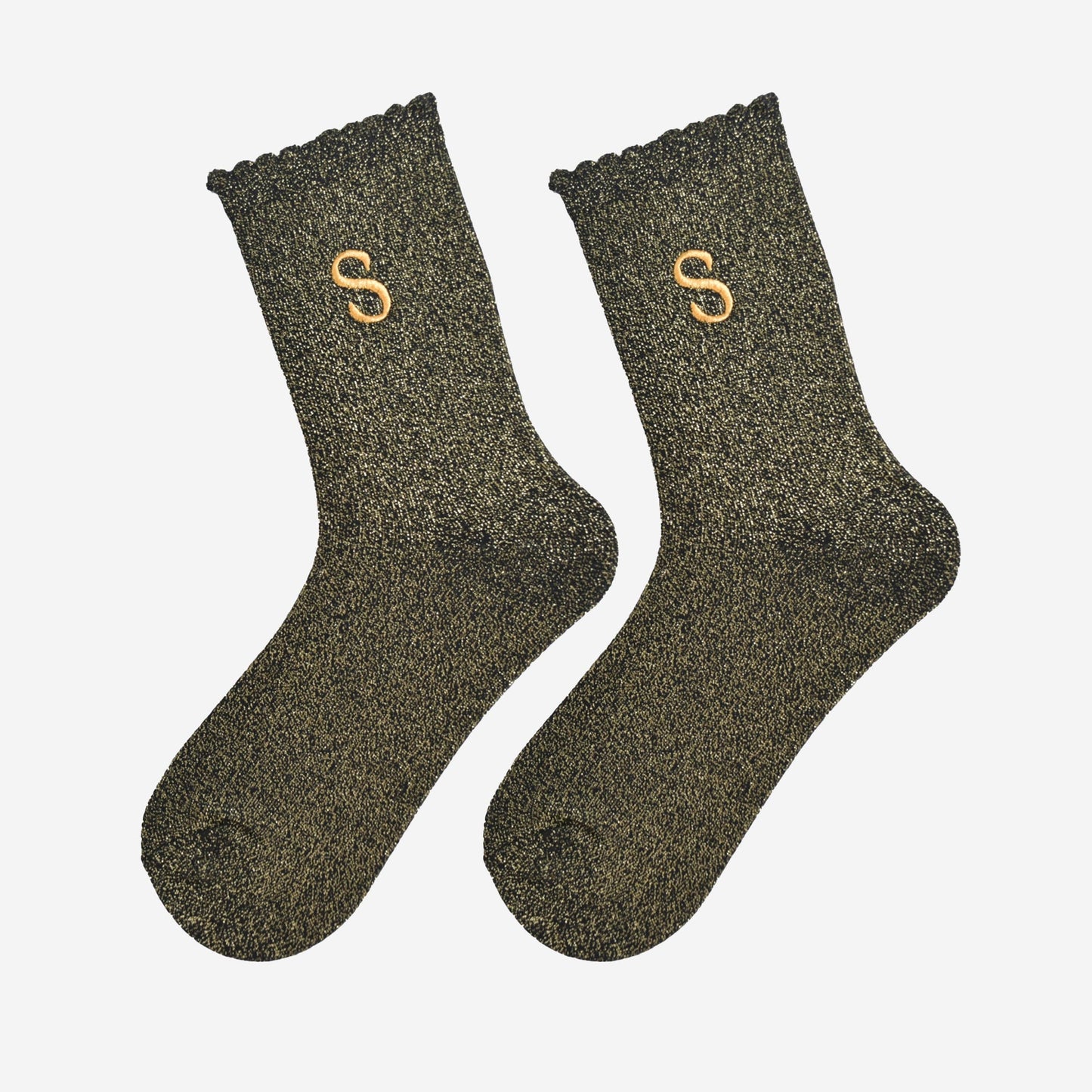 Women's Glitter Socks - Black/Gold, Initial "S"
