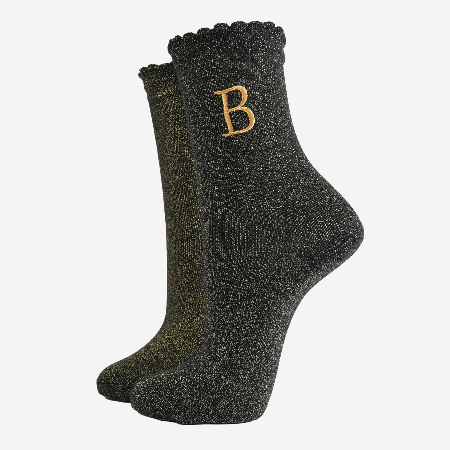 Women's Glitter Socks - Black/Gold, Initial "B"