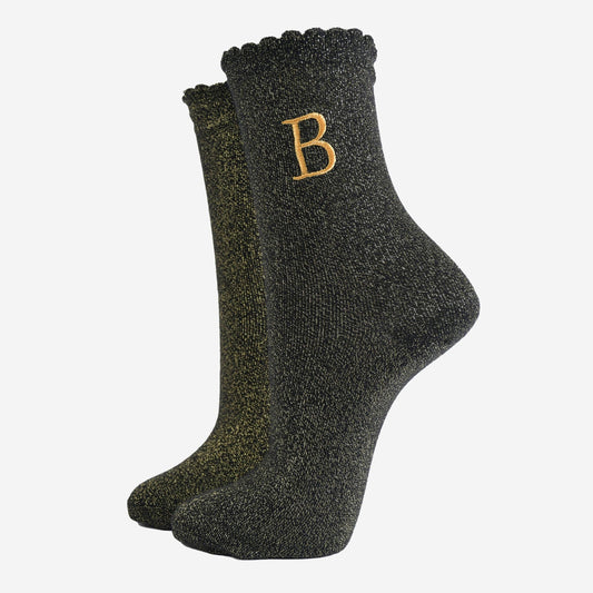 Women's Glitter Socks - Black/Gold, Initial "B"