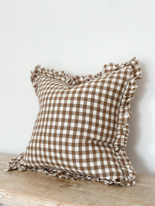 Ruffled Linen Cushion Brown Gingham