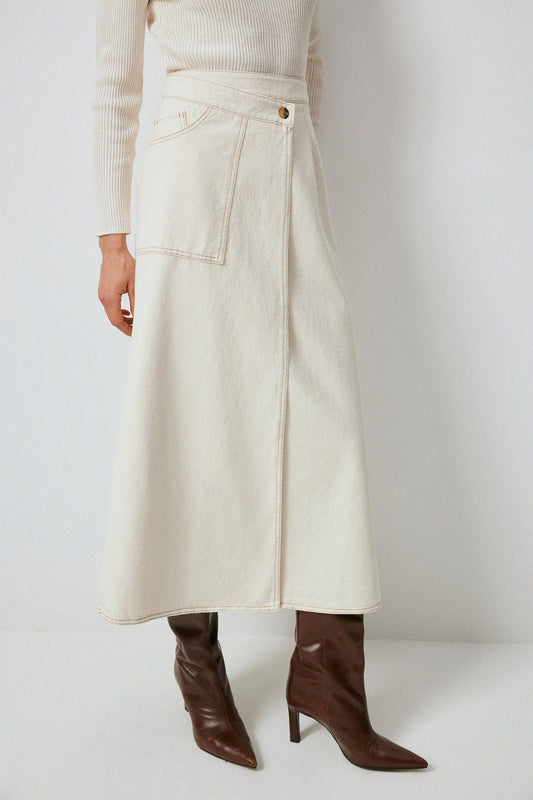 Double Breasted Natural Denim Skirt - A-line, High Waisted
