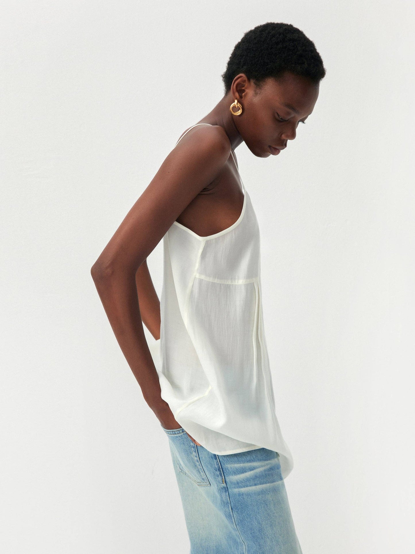 Lyocell-Blend V-Neck Pleated Camisole