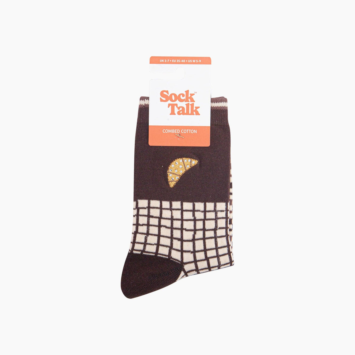 Croissant Combed Cotton Pattern Embroidered Socks in Brown/Cream