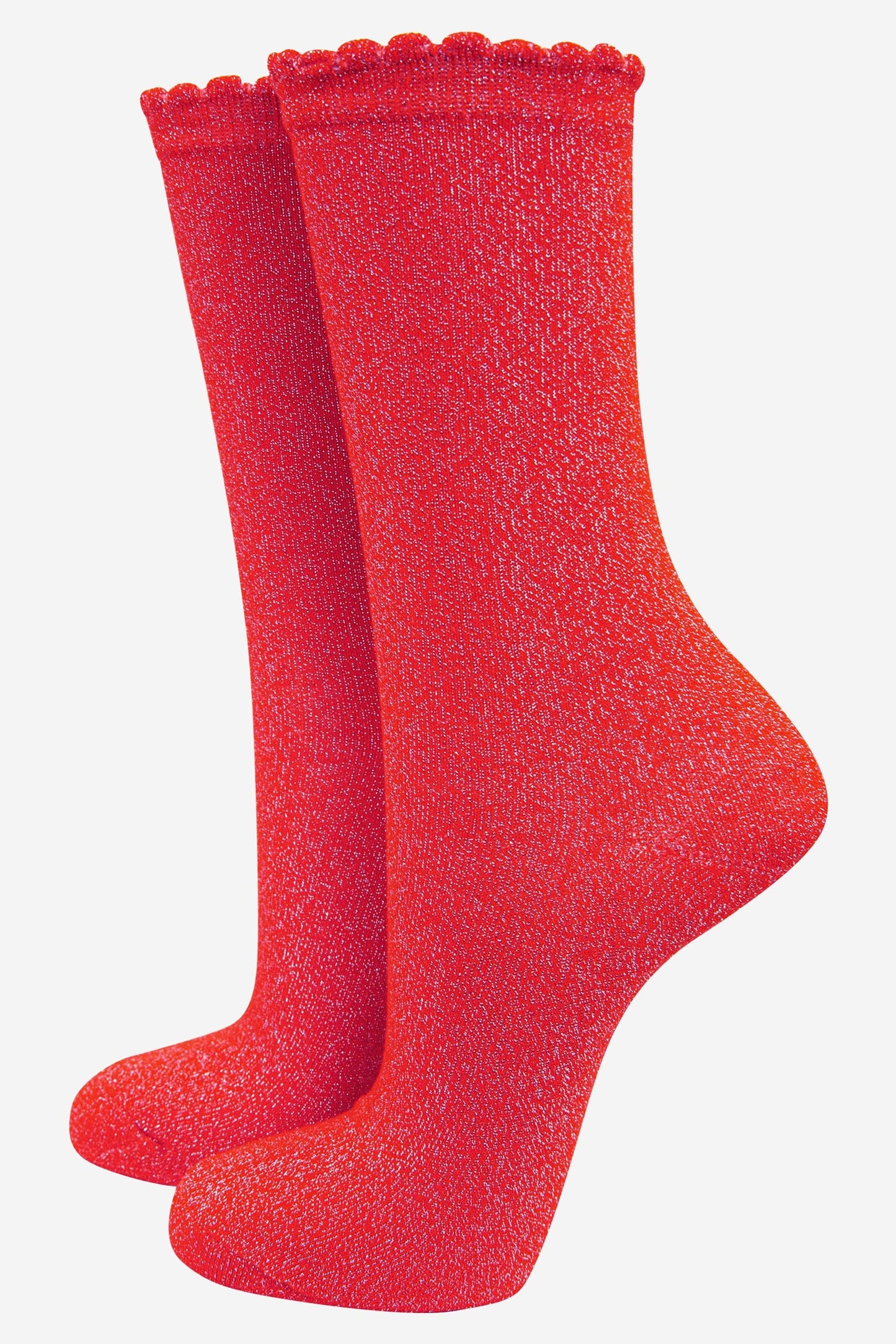 Bright Red All Over Glitter Socks with Scalloped Cuff