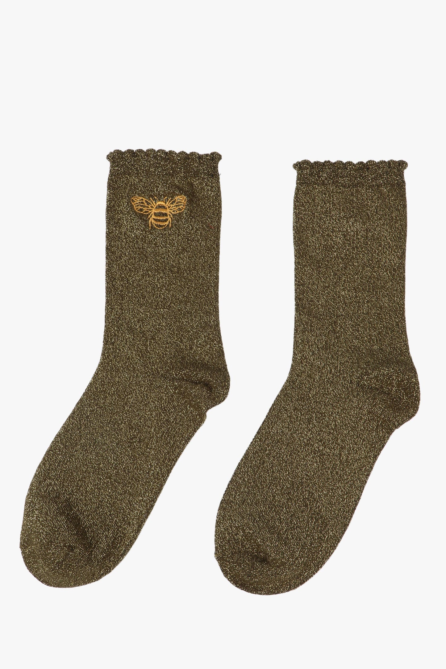 Khaki Bee Glitter Socks with a Scalloped Cuff