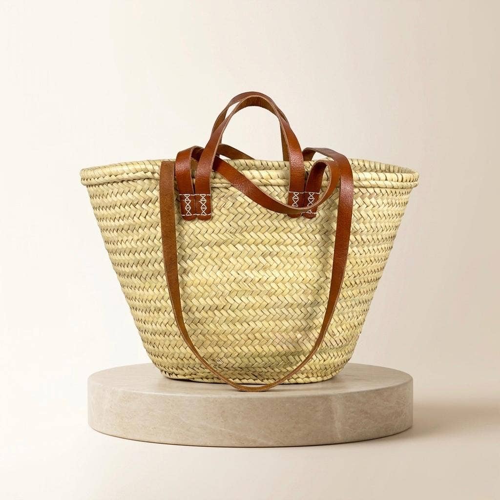 Large Woven Straw Tote Bag with Leather Handles