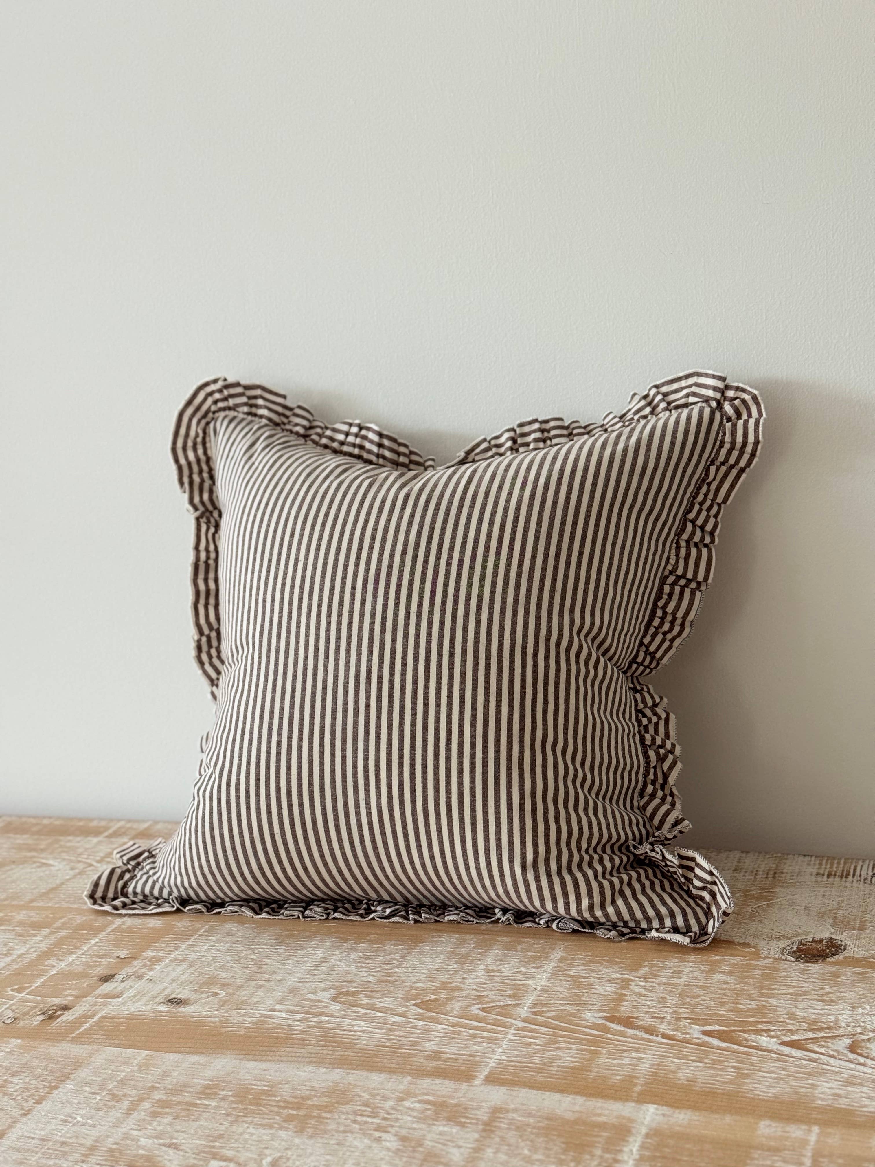 Darcy Ruffle Cotton Cushion 65x65 - Dark Brown Stripe – MarramTrading.com