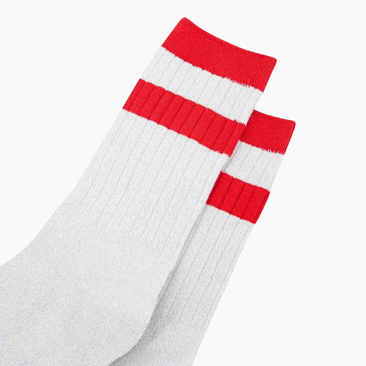 Women's Glitter Socks - White/Red, Striped Cuff