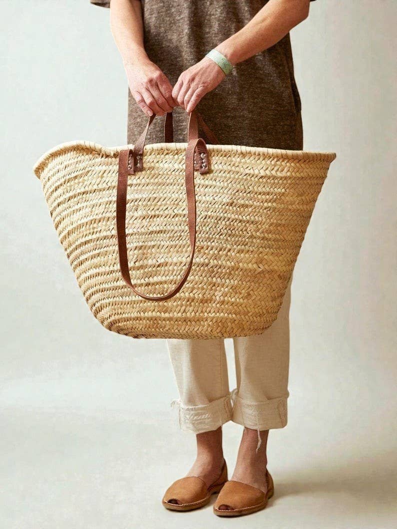 Handmade Straw Bag with Leather Handles, French Market Bag