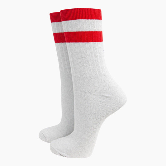 Women's Glitter Socks - White/Red, Striped Cuff