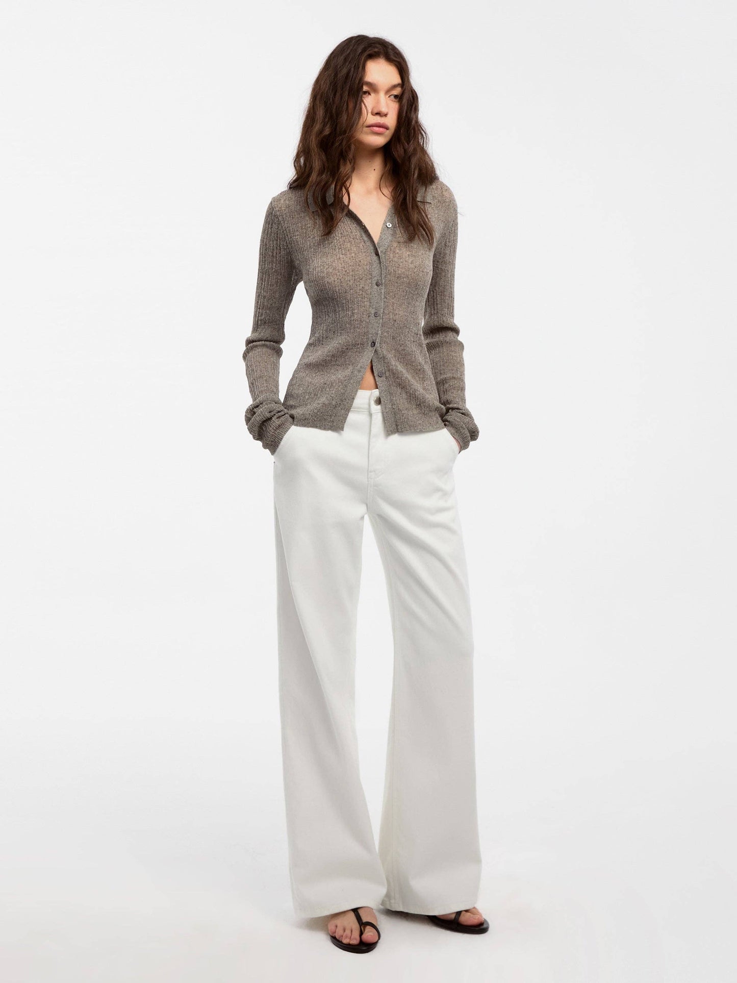 Linen Collared Long-Sleeved Knit Sweater