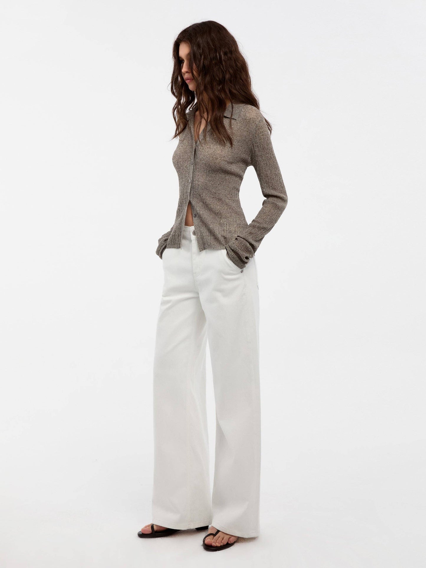 Linen Collared Long-Sleeved Knit Sweater