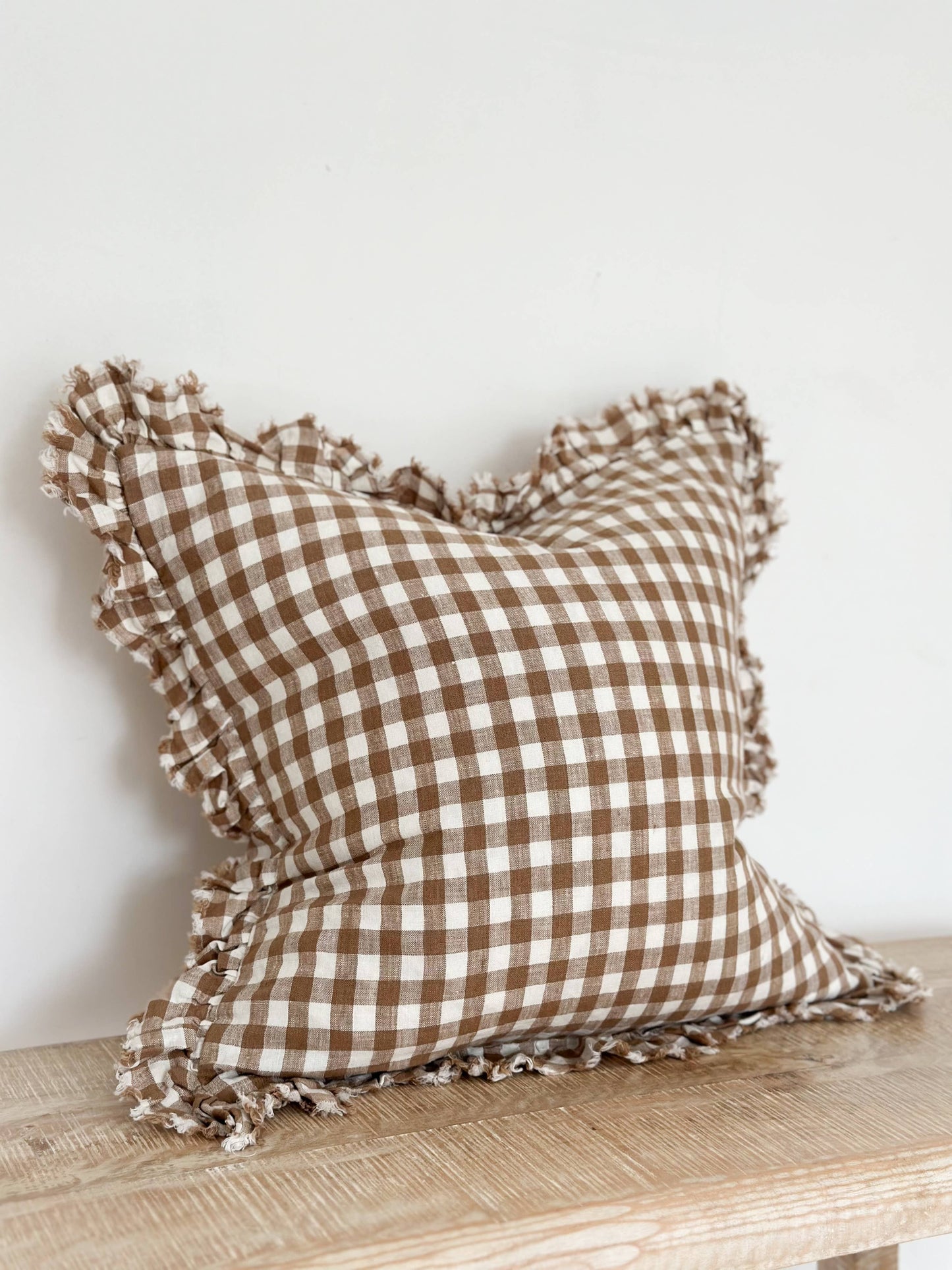 Ruffled Linen Cushion Brown Gingham