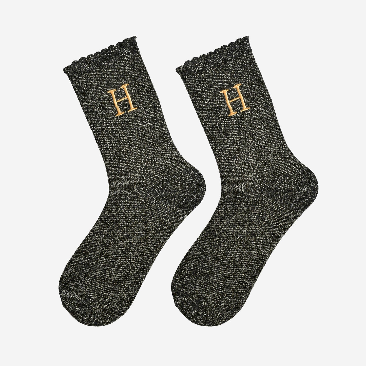 Women's Glitter Socks - Black/Gold, Initial "H"