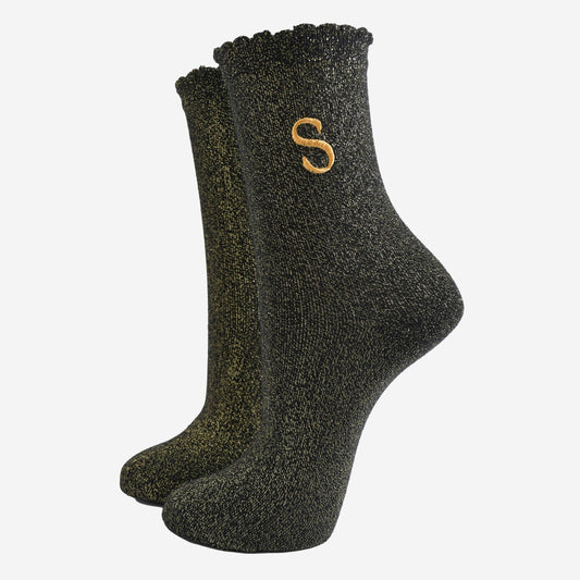 Women's Glitter Socks - Black/Gold, Initial "S"