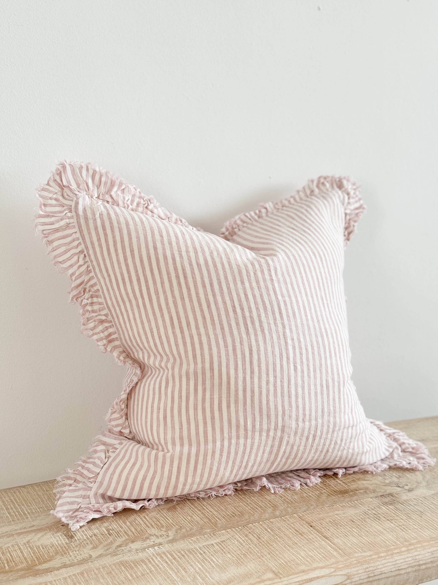 Ruffled Linen Cushion – Pink Stripe