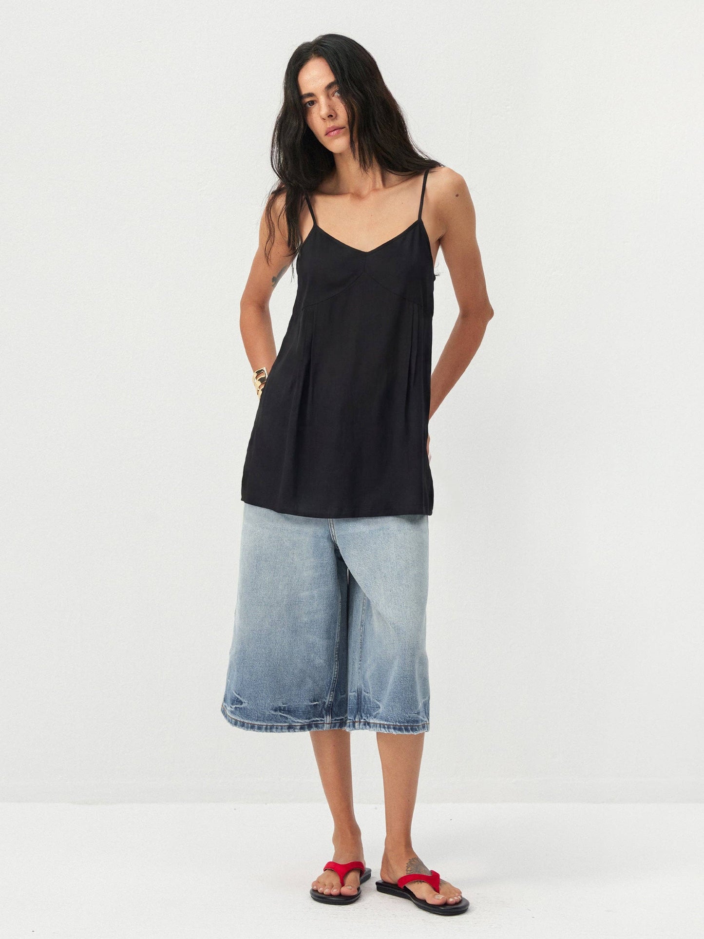 Lyocell-Blend V-Neck Pleated Camisole