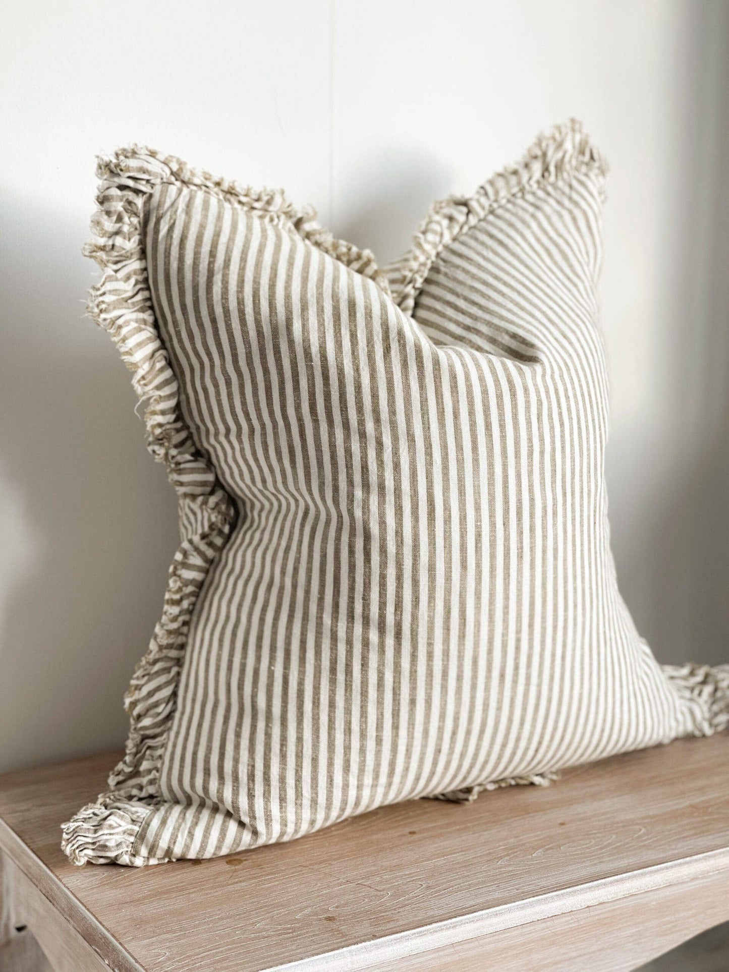 Hallie Ruffled Linen Cushion – Olive Stripe 65x65cm