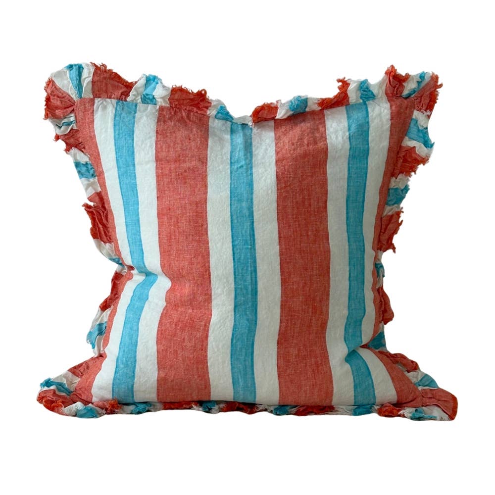 Coral Stripe Ruffle Linen Cushion