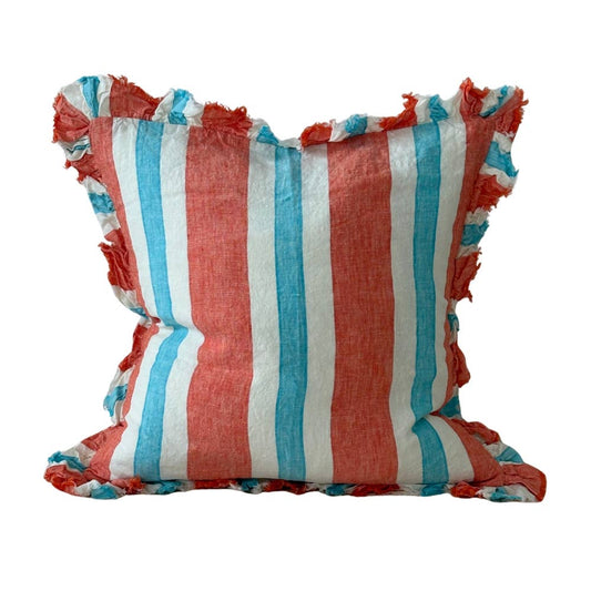 Coral Stripe Ruffle Linen Cushion
