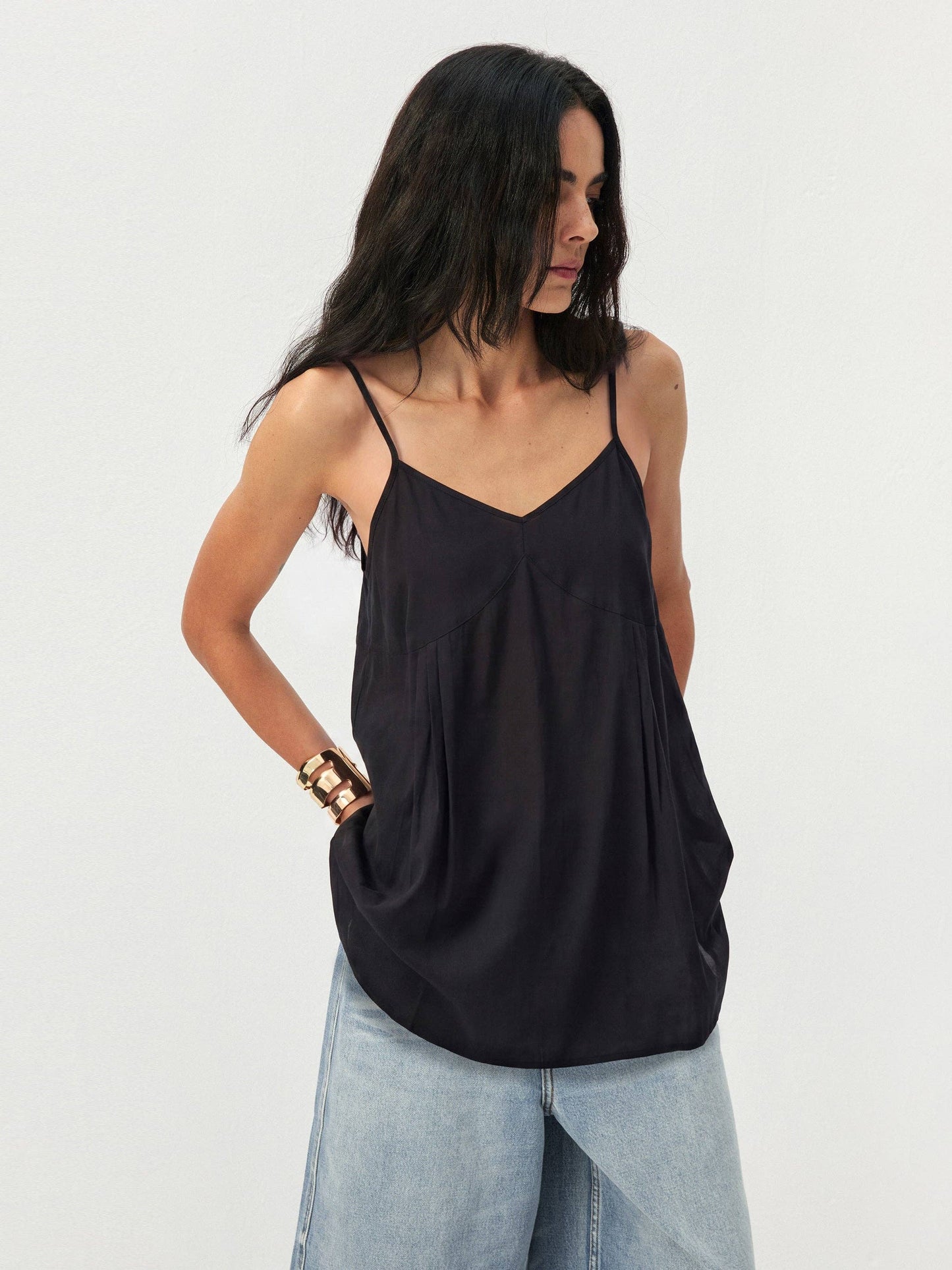 Lyocell-Blend V-Neck Pleated Camisole