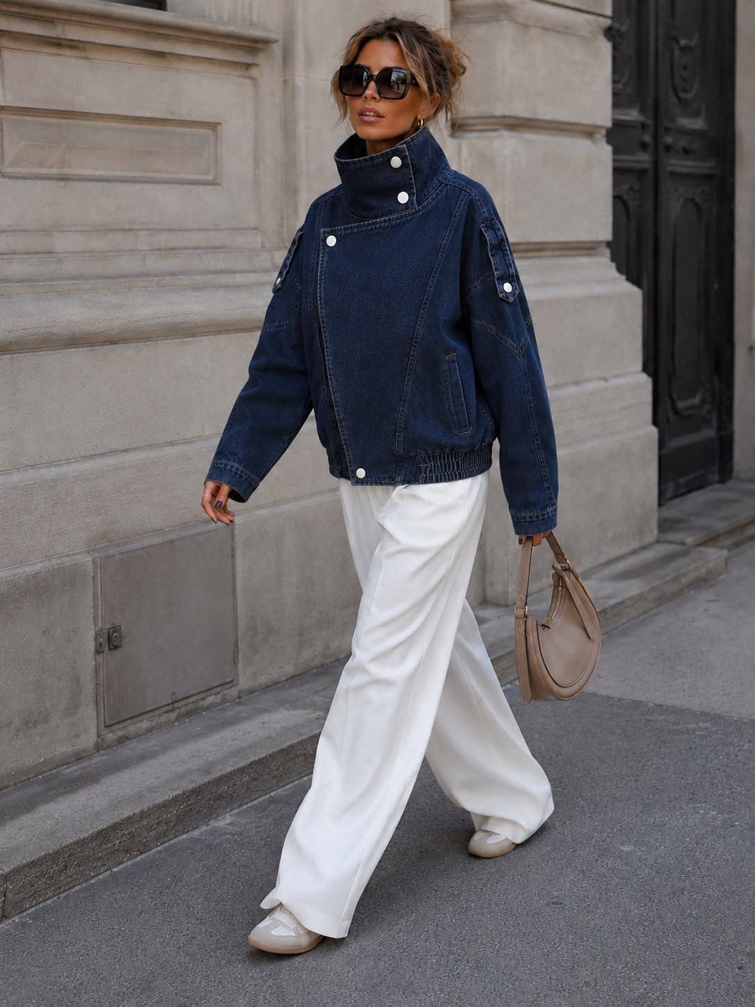 Oversized Short Denim Jacket with Stand Collar
